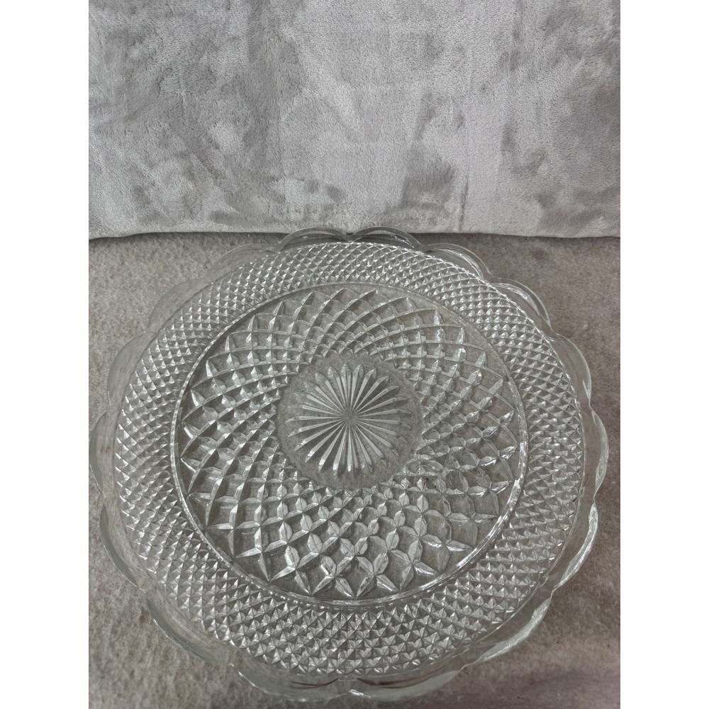 Vintage Clear Pressed Glass Scalloped Diamond Point Sunburst Cake Stand 12in